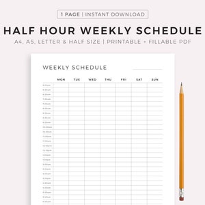 Horario semanal de media hora, planificador semanal imprimible, resumen de la semana, lista de tareas semanales, agenda semanal, tamaño A5/A4/carta/media carta