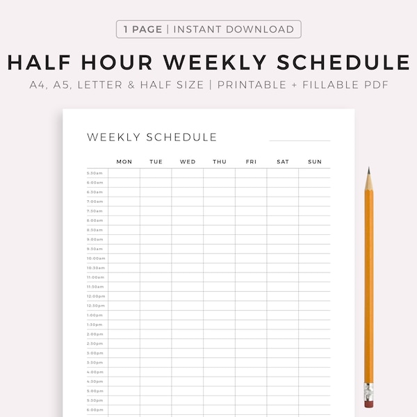 Half Hour Weekly Schedule, Weekly Planner Printable, Week At a Glance, Weekly To Do List, Weekly Agenda, A5/A4/Letter/Half Letter