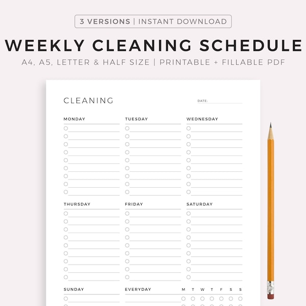 Weekly Cleaning Schedule, Cleaning Checklist, Cleaning To Do List, Printable Cleaning Template, A4/A5/Letter/Half Size, Instant Download PDF