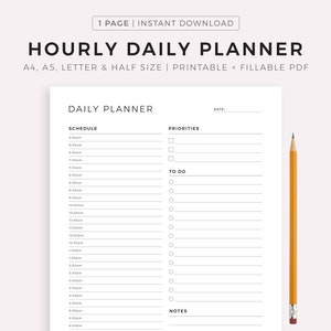 Planificateur quotidien horaire imprimable, planificateur de productivité, liste de tâches quotidiennes, inserts de planificateur non datés, horaire horaire, A5/demi-taille/A4/lettre
