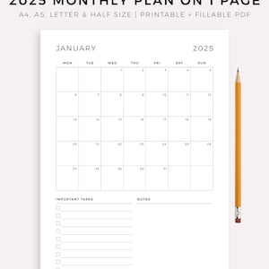 2025 Monthly Planner on One Page, Monthly Organizer, Monthly Agenda, Month at a Glance, Printable & Fillable, A4/A5/Letter/Half