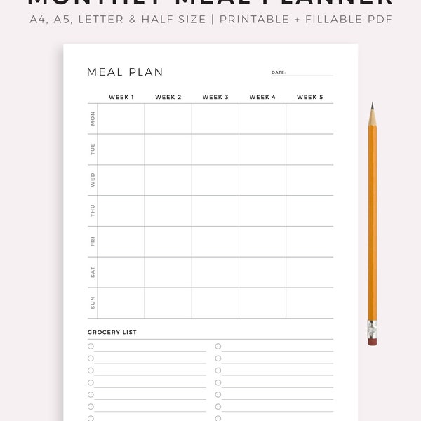 Monthly Meal Planner Printable, 30 Day Menu Planner, Food Planner, Health & Fitness, A4/A5/Letter/Half Size, Instant Download PDF