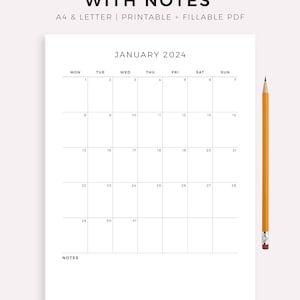 2024 Monthly Calendar with Notes, Printable Calendar Template, Minimalist Calendar, Year Calendar, Vertical, A4/Letter, Instant Download