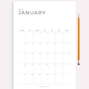 Calendario mensual 2025 imprimible y rellenable, plantilla de calendario anual, calendario de pared minimalista, calendario de escritorio, tamaño A4/Carta, descarga instantánea en PDF.