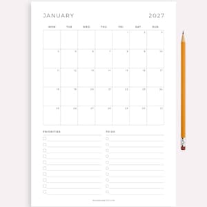 2027 Monthly Planner Printable, A4/A5/Letter/Half Size, Monthly Organizer, Month At a Glance, Instant Download