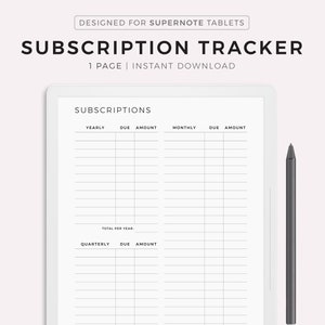 Può includere: Un tracker di abbonamenti stampabile progettato per tablet Supernote. Il tracker è diviso in tre sezioni: annuale, mensile e trimestrale. Ogni sezione ha colonne per la data di scadenza e l'importo. Il tracker include anche spazi per calcolare i totali per anno, trimestre e mese.
