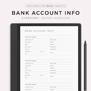 Bank Account Information Tracker, Bankdaten, kompatibel mit Boox Note Series / Tab Series / Go 10.3, Instant Download