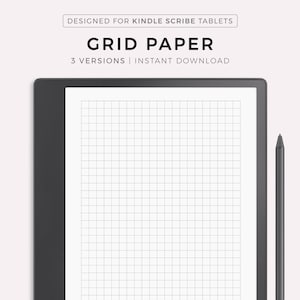 May include: A black and white grid paper template designed for Kindle Scribe tablets. The template is displayed on a black Kindle Scribe tablet with a black stylus next to it. The text "DESIGNED FOR KINDLE SCRIBE TABLETS" is at the top of the image. The text "GRID PAPER" is below the first line of text. The text "3 VERSIONS | INSTANT DOWNLOAD" is below the second line of text. The text "MADE BY MYLIFEPLANS ON ETSY" is at the bottom of the image.