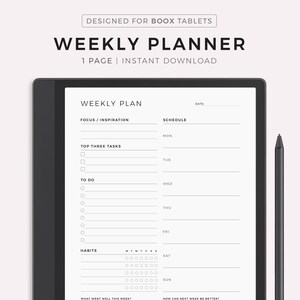 Weekly Planner for Boox Note Series / Tab Series / Go 10.3, Sunday & Monday Start, Instant Download