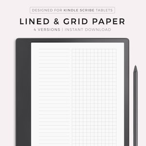 May include: A black and gray Kindle Scribe tablet with a white screen displaying lined and grid paper. The text "LINED & GRID PAPER" is displayed at the top of the screen. The text "4 VERSIONS | INSTANT DOWNLOAD" is displayed below the title. The text "MADE BY MYLIFEPLANS ON ETSY" is displayed at the bottom of the screen.