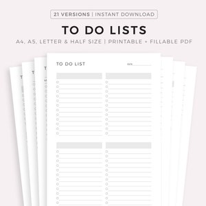 To Do Lists, Task Lists, Printable & Fillable Templates PDF, A4/A5/Letter/Half, Instant Download