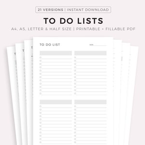 To Do Lists, Task Lists, Printable & Fillable Templates PDF, A4/A5/Letter/Half, Instant Download