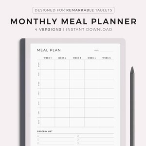 Planificateur de repas mensuel, planificateur de menus 30 jours, planificateur d'aliments, santé et forme physique, compatible avec Remarkable 2, téléchargement immédiat