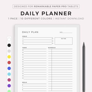 Op de afbeelding: Een zwart-witte dagelijkse planner-sjabloon voor de Remarkable Paper Pro-tablet. De sjabloon bevat secties voor doelen, taken, schema, maaltijden en notities. De sjabloon is ontworpen om te worden gebruikt met een stylus.