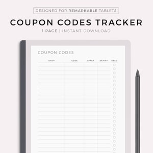 Rastreador de cupons para Remarkable 2, organizador de cupons, lista de códigos de desconto de lojas, rastreador de códigos promocionais, registro de cupons, download instantâneo