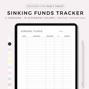 May include: A digital planner template for tracking sinking funds on an iPad or tablet. The template has columns for date, category, beginning balance, adjustments, and ending balance. The template is available in 10 different colors.