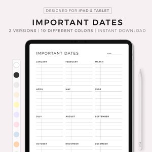 May include: A digital planner template for iPad and tablet with a calendar layout for important dates. The template is designed with a simple, minimalist aesthetic and includes a year, month, and date section. The template is available in 10 different colors.