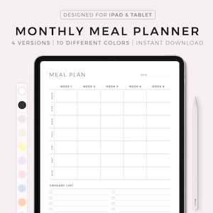 Planificateur de repas mensuel numérique, Planificateur de menus 30 jours, Planificateur alimentaire, Santé et forme, Compatible avec Goodnotes, Notability, Téléchargement instantané