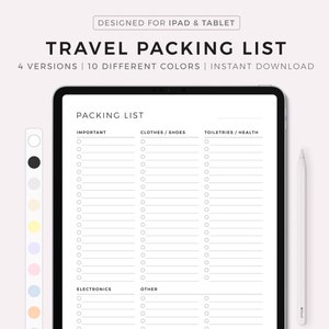 Pode incluir: Um modelo de lista de embalagem digital para iPad e tablet. A lista é dividida em quatro seções: Importante, Roupas/Sapatos, Artigos de higiene pessoal/Saúde, Eletrônicos e Outros. Cada seção tem várias linhas com caixas de seleção para que os usuários possam marcar os itens de sua lista.