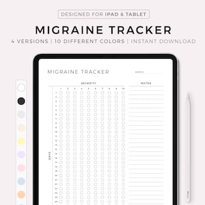 Könnte beinhalten: Ein digitaler Migräne-Tracker für iPad und Tablet. Der Tracker verfügt über ein Raster mit den Tagen des Monats und Schweregraden von 1 bis 10. Auf der rechten Seite der Seite befindet sich ein Notizbereich.