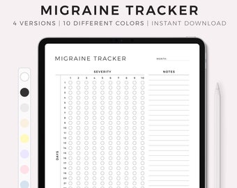 Monthly Migraine Tracker, Headache Pain Tracker, Migraine Severity, Health Planner, Digital Template for Ipad, Goodnotes, Notability