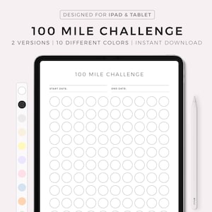 Puede incluir: Un rastreador imprimible digital para un desafío de 100 millas. El rastreador tiene 100 círculos para rellenar a medida que completas cada milla. Incluye campos para la fecha de inicio, la fecha de finalización y una recompensa. El rastreador está diseñado para su uso en iPad y tableta.
