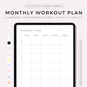 May include: A digital planner template for a monthly workout plan. The template is designed for iPad and tablet use. It features a grid with days of the week and weeks of the month. The template is available in 10 different colors.