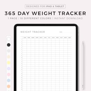May include: A digital weight tracker for iPad and tablet. The tracker has a grid with columns for each month of the year and rows for each day of the month. The tracker is designed for use with a stylus.