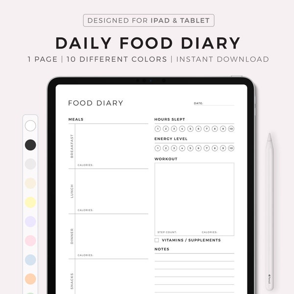 Daily Food Diary Digital, Food Journal, Vitamin Intake, Water Intake, Workout Plan, Fitness and Health, Notability Goodnotes Template iPad