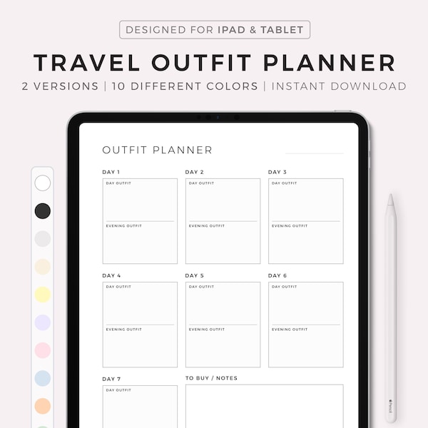 Travel Outfit Planner Digital Template iPad, Daily Outfit Planner for Business Trip & Vacation, Travel Packing List, Suitcase Planning