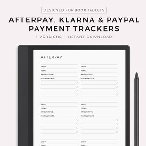 Afterpay, Klarna & Paypal-tracker, sjabloon voor online winkelen, betalingstermijn, nu kopen, later betalen tracker, compatibel met Boox-tablets