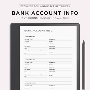 Bank Account Information Tracker, Bank Account Log, Bankdaten, Kompatibel mit Kindle Scribe, Instant Download