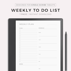 May include: A black and white weekly planner for Kindle Scribe tablets. The planner has a section for "To Do" and a section for "Schedule". The schedule section includes days of the week from Monday to Sunday. The planner also has a section for "Notes".