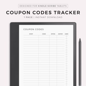 Rastreador de códigos de cupom para Kindle Scribe, organizador de cupons, lista de códigos de desconto de loja, rastreador de códigos promocionais, registro de cupons, download instantâneo