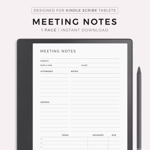 Könnte beinhalten: Eine digitale Vorlage für Besprechungsnotizen, die für Kindle Scribe-Tablets entwickelt wurde. Die Vorlage enthält Abschnitte für Betreff, Datum und Uhrzeit, Teilnehmer, Tagesordnung, Notizen, Aufgaben, Verantwortliche und Fälligkeiten. Ein Stift befindet sich rechts vom Tablet. Der Text auf dem Bild lautet "MEETING NOTES".