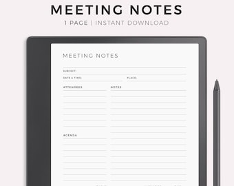 Plantilla de notas de reunión para Kindle Scribe, actas de reunión, agenda de reunión, toma de notas empresariales, descarga instantánea