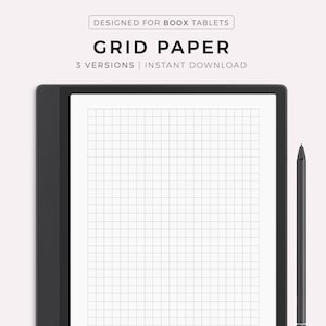 May include: A black and white grid paper template designed for Boox tablets. The template is displayed on a black tablet with a stylus next to it. The text "DESIGNED FOR BOOX TABLETS", "GRID PAPER", "3 VERSIONS | INSTANT DOWNLOAD", and "MADE BY MYLIFEPLANS ON ETSY" is visible on the image.