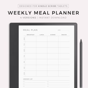 Planificateur de repas hebdomadaire pour Kindle Scribe, planificateur de menus 7 jours, planificateur de préparation de repas, planificateur de nourriture, téléchargement immédiat