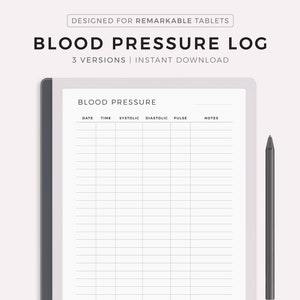 May include: A printable blood pressure log template designed for use with a Remarkable tablet. The template includes columns for date, time, systolic, diastolic, pulse, and notes.
