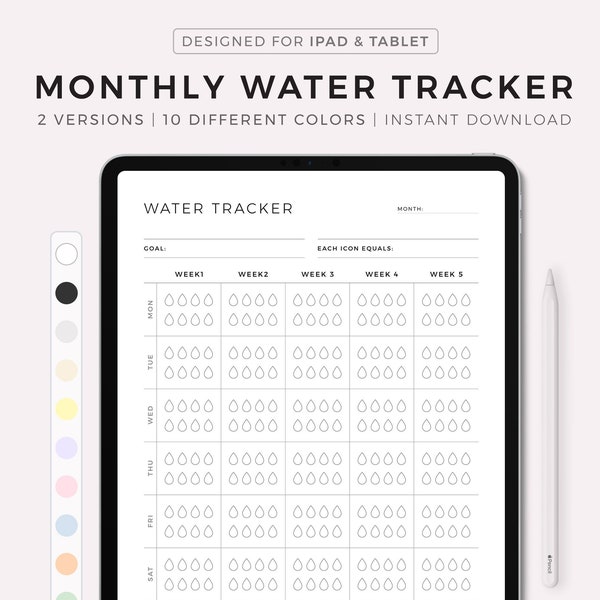 Suivi numérique de l'eau mensuel, suivi de l'hydratation, consommation d'eau, rappel d'eau potable, journal de l'eau, modèle Notability Goodnotes pour iPad