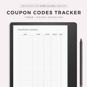 Rastreador de cupons para Kobo Elipsa 2e/1, organizador de cupons, lista de códigos de desconto da loja, rastreador de códigos promocionais, registro de cupons, download instantâneo