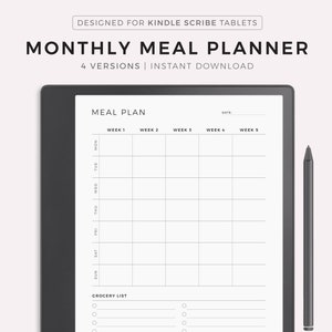 Planificador de comidas mensual para Kindle Scribe, planificador de menú de 30 días, planificador de comidas, salud y bienestar, descarga instantánea