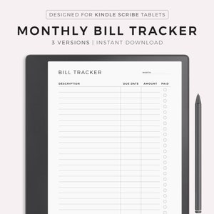 May include: A black and white printable bill tracker for Kindle Scribe tablets. The tracker has columns for description, due date, amount, and paid. It also has a total section at the bottom. The text "MONTH" is at the top of the page.