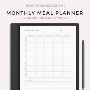 Planificador de comidas mensual, planificador de menú de 30 días, planificador de alimentos, salud y bienestar, compatible con Boox Note Series / Tab Series / Go 10.3