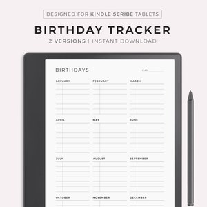 Op de afbeelding: Een zwart-witte verjaardagstracker-printbare voor Kindle Scribe-tablets. De printbare is verdeeld in 12 maanden met ruimte om namen en jaren te schrijven. De tekst "BIRTHDAY TRACKER" staat bovenaan de printbare.