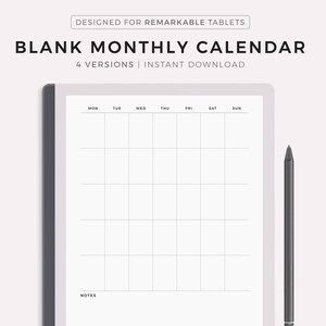 Blanko-Monatskalender für Remarkable 2, Undatierter Kalender, Montag & Sonntag Start, Instant Download