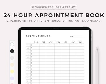 Digital 24 Hour Appointment Book, Appointment Reminder, Meeting Tracker, Week At a Glance, Template for iPad & Tablet, Instant Download