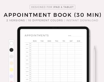 Digital Appointment Book 30 Minute Intervals, Appointment Reminder, Meeting Tracker, Week At a Glance, Template for iPad & Tablet