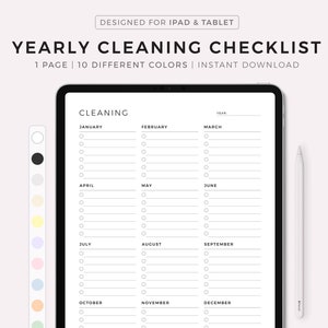 May include: A printable cleaning checklist for iPad and tablet. The checklist is divided into 12 months, with space for tasks to be listed and checked off. The checklist is designed in a minimalist style with black text on a white background.