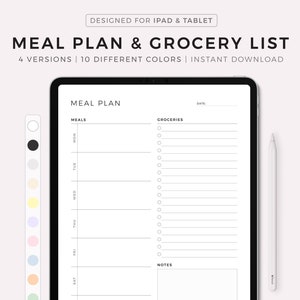 Cyfrowy tygodniowy plan posiłków z listą zakupów, 7-dniowy plan menu, planer żywności, zdrowie i fitness, kompatybilny z Goodnotes, Notability, Ipad